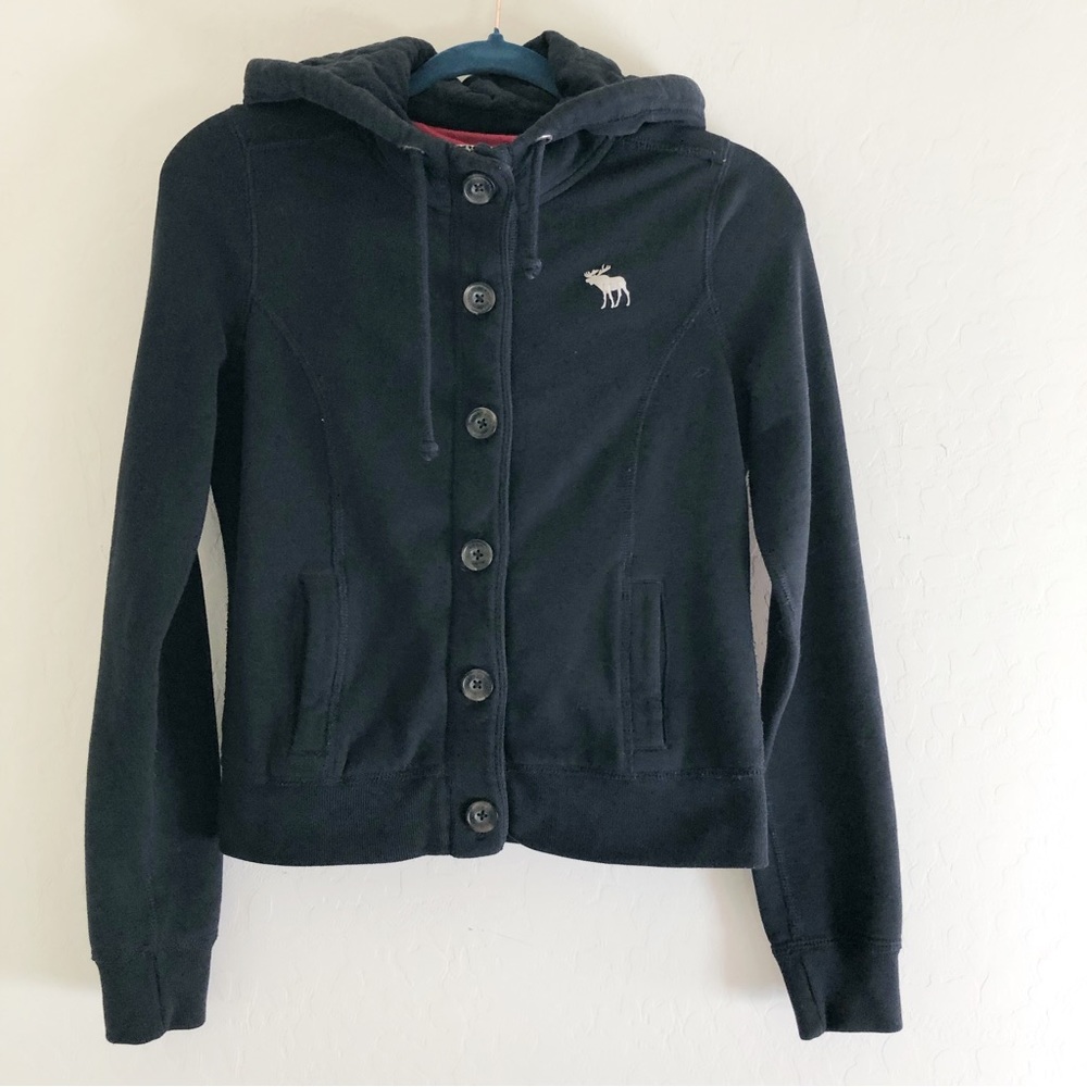 Abercrombie and Fitch Navy Blue Hooded Sweater with Red Interior size Small